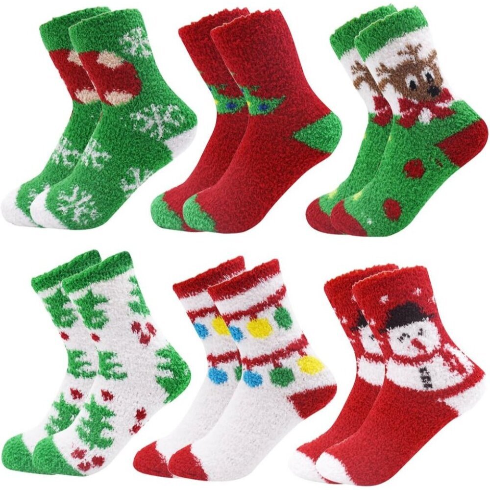6 Pairs Adult Christmas Holiday Socks - Warm, Cozy Fuzzy Socks With Plus Size An